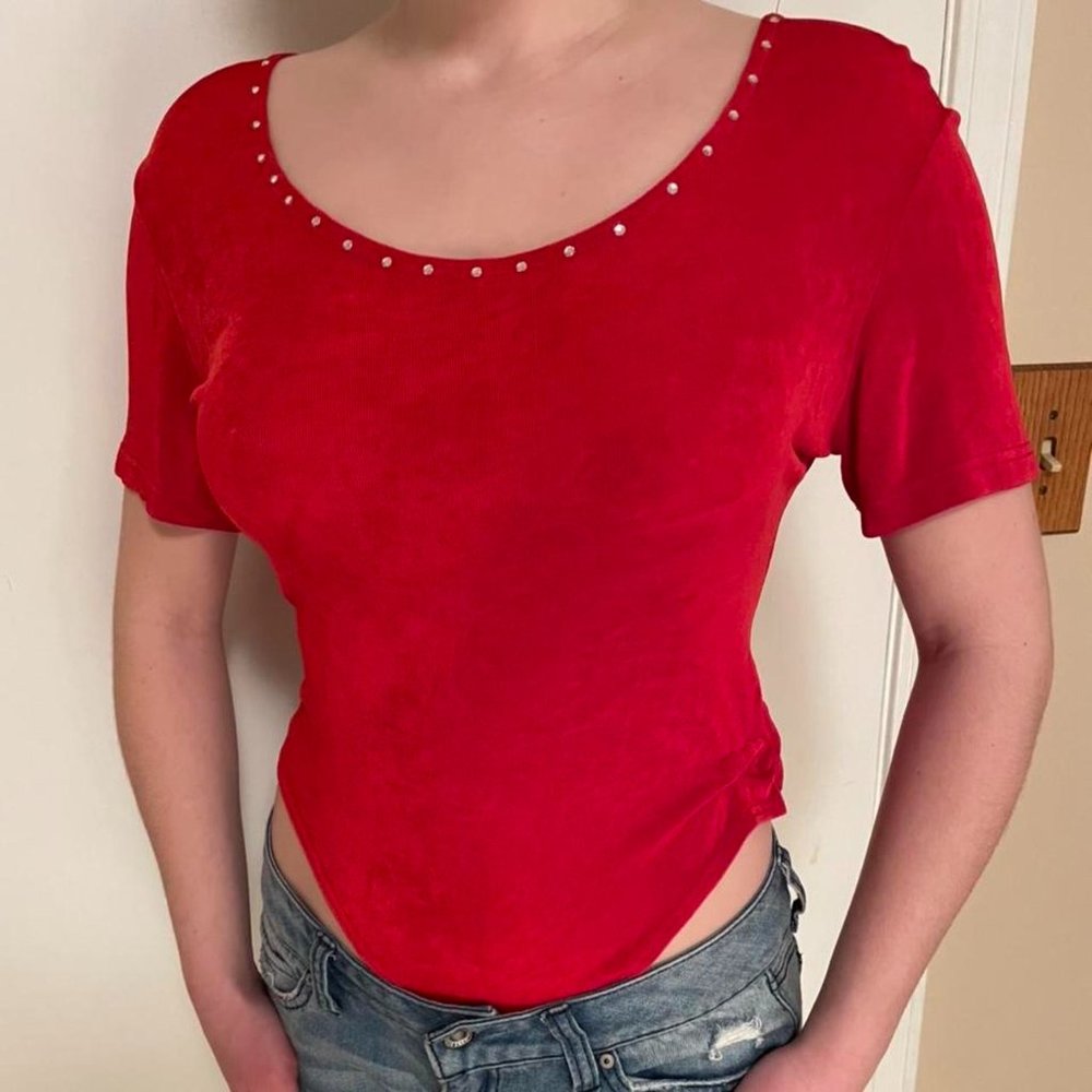 Red Rhinestone Bodysuit Vtg 90s